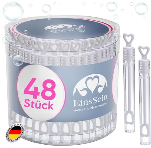 EinsSein 48x Seifenblasen Hochzeit Herzgläschen Box weiß 48 Stück | Gastgeschenke für die Hochzeit Taufe Geburtstag Verlobung | Keine Flecken auf Kleidung | Mini Hochzeitsseifenblasen Herz Herzgriff
