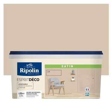 RIPOLIN - Peinture Intérieure Multi-Supports – Murs, Boiseries & Radiateurs – Ultra-Couvrante – Lessivable – Application Facile – Ecolabel - Satin - 2,5L - Lin