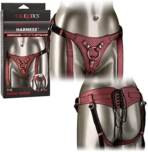 CalExotics Her Royal Harness The Regal Queen Adjustable Designer BDSM Probe Strap On Thong Harness Sex Toy Lingerie for Couples and Women, Red, 1 Count
