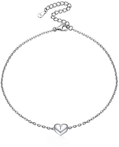 ChicSilver damen Silber Herz Fußkettchen mit Buchstabe T Anhänger Sommer Fußband mit Herz anhänger