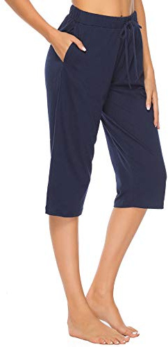 Vlazom Pantaloni del Pigiama Donna Cotone Estate Pantaloni da Pigiama Pantaloni da Notte con Tasche per Loungewear，A Blu Navy，XXL