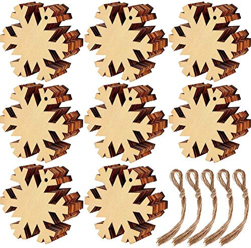 KAHEIGN 60 Piezas Adornos Navideños De Madera, Forma De Copo De Nieve Adornos De Rebanada De Madera Para El árbol De Navidad De Año Nuevo - Con 60 Piezas De Cordones Para Colgar