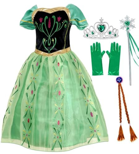 Atorcher Anna-klänning med krona, älvspö, handskar, grön prinsessklänning, fin festklänning, kröning, 6-7 År