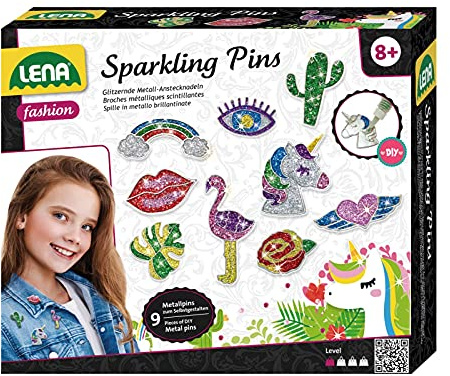 Lena 42662 - Bastelset Metal Sparkling Pin, Komplettset für glitzernde Metall Anstecknadeln, mit 9 Metallpin Formen, Sicherheitsnadeln, 7 Glitzer Farben und Bastelkleber, für Kinder ab 8 Jahren