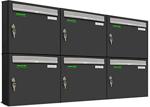 AL Briefkastensysteme Basic 6er Briefkasten RAL 7016 Anthrazit Grau/Einwurfklappe RAL 9006 Weiß Aluminium 6 Fach DIN A4 wetterfest mit Posthaltebügel und 2 Namensschildern