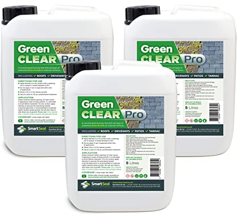SmartSeal Green Clear Pro - 3 x 5L - Concentrated Biocide & Green Growth Remover. Spray and Leave Roof Tile Cleaner, Patio Cleaner & Algae Remover. For Use on Concrete, Wood, Decking & Stone