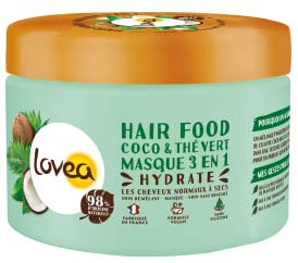 LOVEA - Hair Food - Masque 3 En 1 - Huile De Coco & Thé Vert - Hydrate, Assouplit & Démêle - Cheveux Normaux à Secs - 98% D'Origine Naturelle - Sans Silicone - Vegan - Fabriqué En France - 390 ml