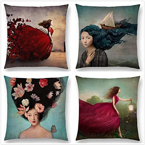 Tinnoon Kissenbezug 30x30cm 4er SetBoho Wohnzimmer Outdoor Deko, Schlafzimmer Zimmer Dekor Kissenhülle Kissenbezüge mit Verstecktem Reißverschluss, Couchkissen, Sofakissen Weinachten Schöne Frau