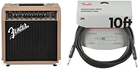 Fender Acoustasonic 15 Acoustic Guitar Amplifier & 990820025 Professional Series Instrument Cable - 10 ft - STR/ANG - black, 3 metre