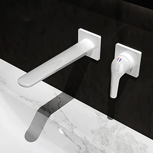 Wasserhahn Bad, Wandmontierter Waschbecken Armaturen, Mischbatterie Waschbecken, Wasser Sparen Wasserhahn, Wandmontage Waschtischarmatur Unterputz, Einhebelmischer Waschbecken, Wasserhahn,Weiß