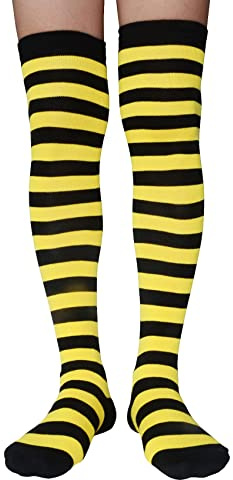 AUSUAYA Chaussettes montantes rayées pour femme, en coton au-dessus du genou, jambières longues pour Halloween, cosplay et gothique GB-LW-3, Rayures noires et jaunes - Rayures d'abeilles, Taille