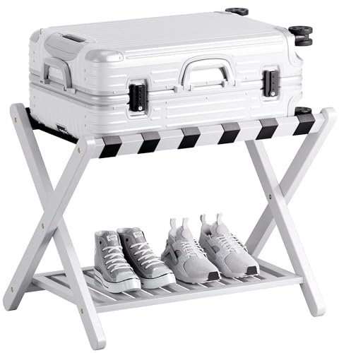 SMIBUY Portapacchi, Supporto per valigia pieghevole in bambù con ripiano portaoggetti per camera degli ospiti, camera da letto, hotel, resistente (bianco e nero)