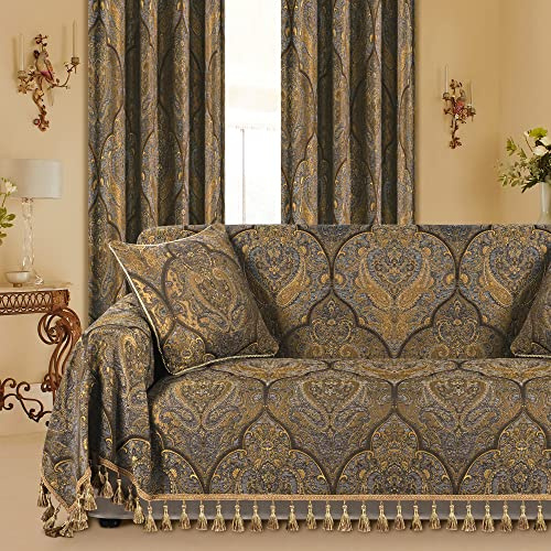 Loom and Mill Luxury Jacquard Sofa Covers, Classic Antique Couch Cover Sofa Throw Cover with Tassels for 2-3 Cushion Couch, Sectional Couch Covers Sofa Slipcover for Dogs, Bronze Gold, 71 X 118