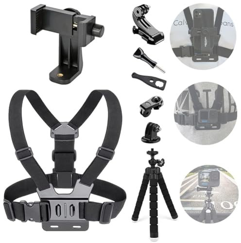 YHTSPORT Brustgurt Halterung Brusthalterung Handy-Brustgurt-Clip Gurthalter für Handy und für Gopro-Action-Kamera, Verstellbare Gurte + Tragbares Octopus-Stativ (Upgrade-Version)