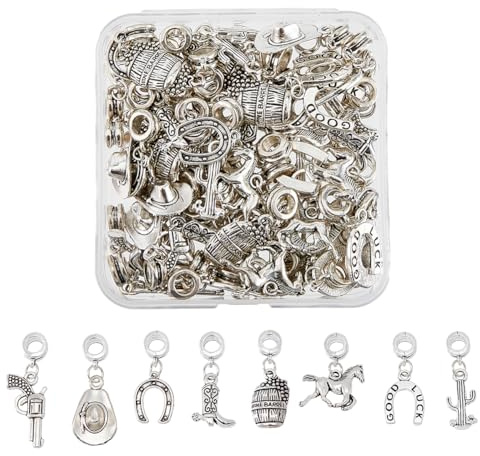 SUPERFINDINGS 64 Pz 8 Stili Ciondoli A Tema Cowboy Ferri di Cavallo Cavallo Cactus Ciondoli in Lega Stile Tibetano Ciondoli con Ciondoli Pendenti in Argento Antico con Foro Grande