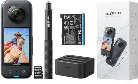 Insta360 X3 360 Degree Waterproof Action Camera Invisible Selfie Stick, Battery, Fast charging hub and 256GB MicroSDHC memory card