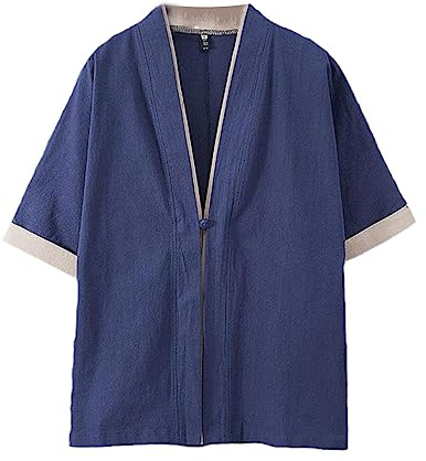 Rfmfkkg linne män kimono cardigan traditionell Yukata samurai toppar vardaglig enfärgad kimono, marinblå, 3XL