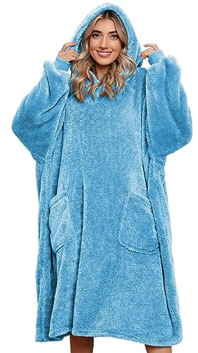 UMIPUBO Huvtröja filt damer oversize sherpa filt huvtröja varm vintertröja filtar huvtröja huvtröja med två fickor, blå, one size