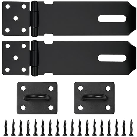 Sinofort 2 Pack 4 Inch Heavy Duty Shed Door Hasp Latch, Black | Shed door latch with matching staple for garden shed, garage, bedroom and cabinet indoor & outdoor anti-theft locking use