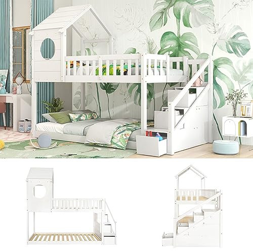 kubeier Cama Infantil casita en el árbol con cajón y protección contra caídas 90 x 200 cm, Armario con Escalera, Cama casita de Pino para niños, Cama Alta para niños, sin colchón, Blanco