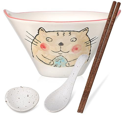Kichvoe Ceramic Ramen Bowl Set 20CM/7.7Inch Porcelain Noodle Bowl with Chopsticks & Spoon Pho Bowl Soup Bowl Large Noodle Bowls
