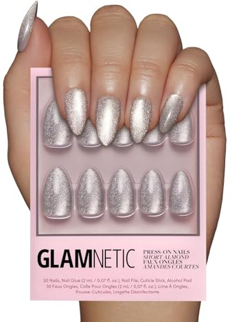 Press On Nails - Oslo | Short Almond Silver Shimmer Nails with a Cat Eye Finish | 15 Sizes - 30 Nail Kit with Glue