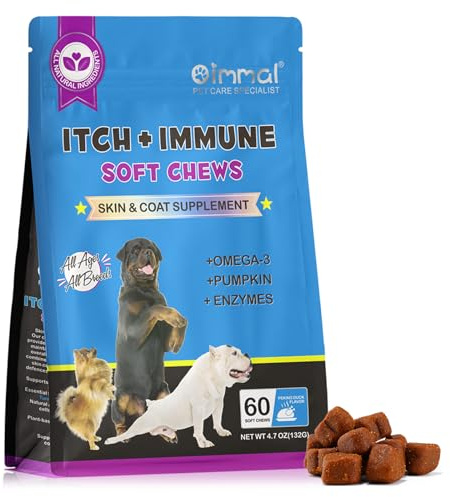 Lot de 60 friandises à mâcher pour chiens - Complément alimentaire pour la peau et le pelage - Apaise les démangeaisons des pattes, de la peau, des yeux, des oreilles - Prend en charge les