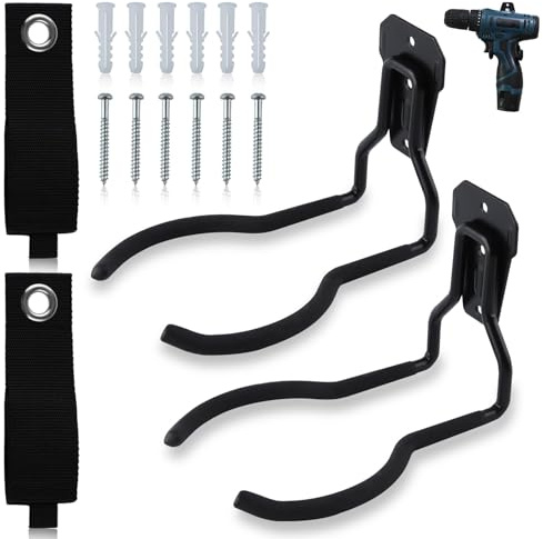 LEONTOOL Garden Power Tool Hanger, 4 Pack String Trimmer Hanger Bracket with Strap, Heavy Duty Weed Eater Rack Wall Mounted Garage Hooks Garage Storage Hooks for Leaf Blower, Weed Wacker, and More