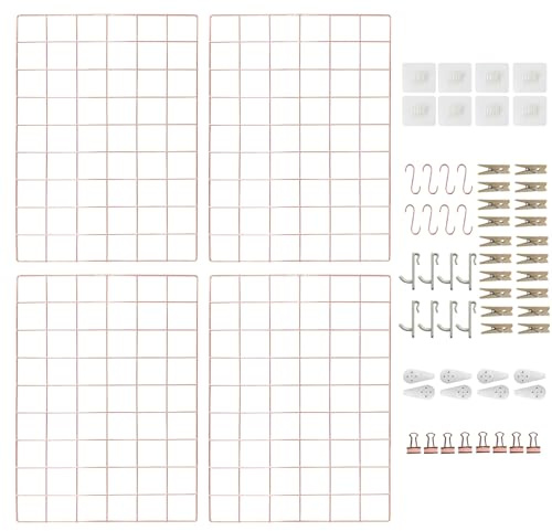 CIKLCIX Wandgitter Roségold, 17.3×11.8 Gitter-Pinnwand, 4er-Set | Metall-Drahtgitter für Fotos, Notizen und Deko, Grid Wall Panel mit Klammern und Hake