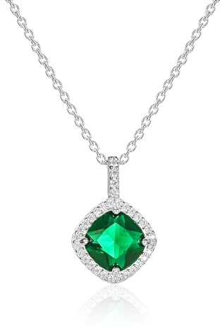 Diamond Treats 925 Sterling Silber Kissenförmige Ketten mit Anhänger für Damen mit weißen, grünen, blauen oder roten Zirkonia-Steinen, elegante 925 Silber Anhängerkette mit CZ und einem farbigen Stein