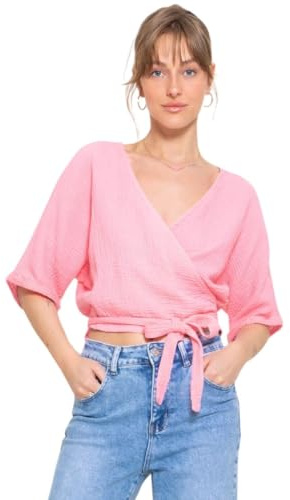 SASSYCLASSY Musselin Bluse Damen mit V-Ausschnitt - Wickel Bluse Sommer in Rosa - Oberteil zum Wickeln in Baumwolle - Größe M