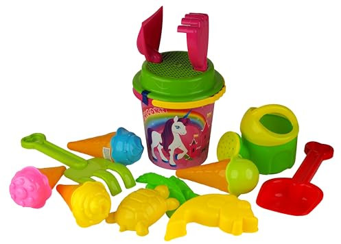 Blue Whale Gifts 14 Piece Beach Bucket Play Set - Unicorn Bucket + Spade + Sand Moulds