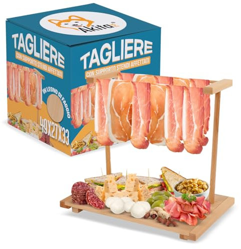 AKITAInk Tagliere per Aperitivo, appendi prosciutto in Legno di faggio, Tagliere con Stand Appendi Affettati, Vassoio per Salumi, Formaggi Ideale per Aperitivi, Apericena Made in Italy (49x27x33 cm)