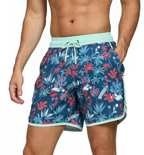 EDOTON Costume da Bagno da Uomo Pantaloncini da Spiaggia Asciugatura Rapida con Regolazione e Tasche Pantaloncino Spiaggia Pantaloncini Boxer (EU XL,Corallo Blu Navy)