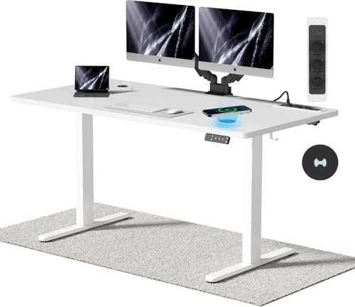 Airfish Höhenverstellbarer Schreibtisch 140x70cm mit Kabelloser Ladestation | Computertisch Elektrisch Stehtisch mit Steckdose & 3-Funktions-Memory und Funktion zur Ermüdungs-Erinnerung, Weiß