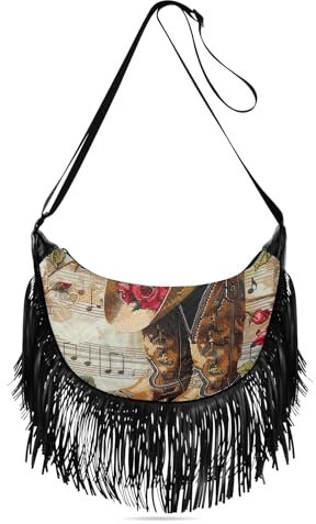Fransen-Crossbody-Geldbörse, Quaste, Geldbörse, Crossbody-Tasche, Western-Geldbörse für Damen, Cross-Body-Tasche, Cowgirl Rose Musiknoten