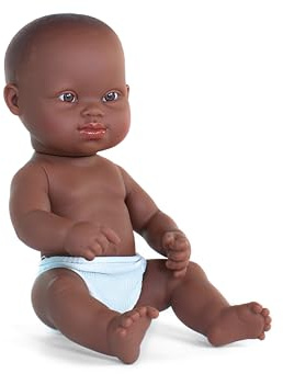 Miniland - Afrikansk babydocka med Downs syndrom 32 cm, inkluderande könsdocka med olika egenskaper och mångfald, hantverksdocka baby