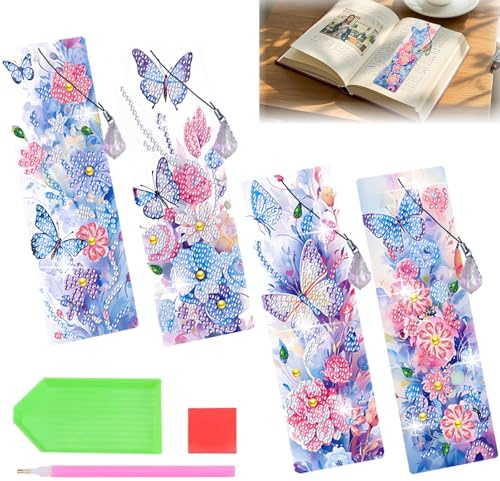 5D Diamond Painting Bokmärken Barn Vuxna, CAYUDEN 4 stycken Fjärilshantverk Diamantmålningsbokmärken för Flickor DIY Present Barnfödelsedag, Broderimålning med Siffror Presenter för Mor, Vänner,Familj