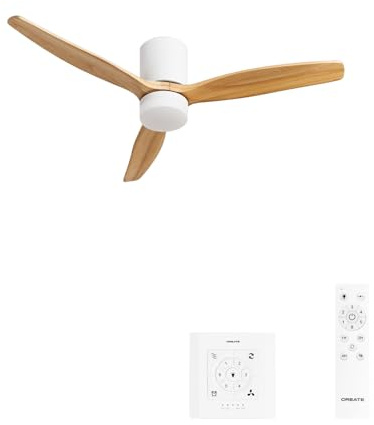 CREATE / WINDCALM CONCRETE/Deckenventilator mit Beleuchtung Weiß Naturholz mit WLAN, Wandschalter und Fernbedienung / 40W, anpassbares Gipskartongehäuse, Ø132cm, 3 LED-Temperaturen