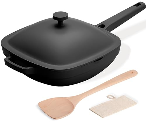 USELUCK 10.5 Inch(3.8QT) Ceramic Pan with Lid,Non Stick Frying Pans Cast Aluminum Deep Sauté Pans,Ti-Ceramic Non Toxic Pix Pan with Wooden Spatula and Scrubber-Midnight Hearth