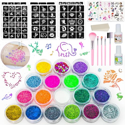 Gigmeta Glitzer Tattoo Set, 18 Farben Temporäre Glitzertattoo mit 138 Schablonen, 5 Pinsel, 3 Cartoon-Aufkleber, 2 Kleber und 1 Schwamm