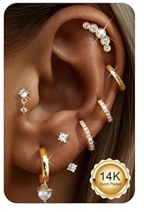 ADRAMATA 7 par 14K guldörhängen för kvinnor silver stud och hoops hypoallergena örhängen set cartilage helix tragus örhängen stackar för flera piercingar, Rostfritt stål