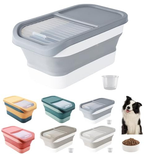 Almacenamiento de comida para perros, 12-15 kg, hermético, con tapa abatible, ruedas, caja de comida plegable para perros y gatos, contenedor de comida para perros con vaso medidor de hasta 30 libras
