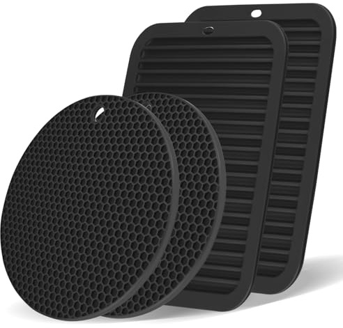 4 Pieces Silicone Trivet, Trivets for Kitchen Worktops, 29.5 x 22.5 cm Trivets for Hot Pans Round Silicone Coasters Heat Proof Mat Non-Slip Trivet for Kitchen Dining Table, Black