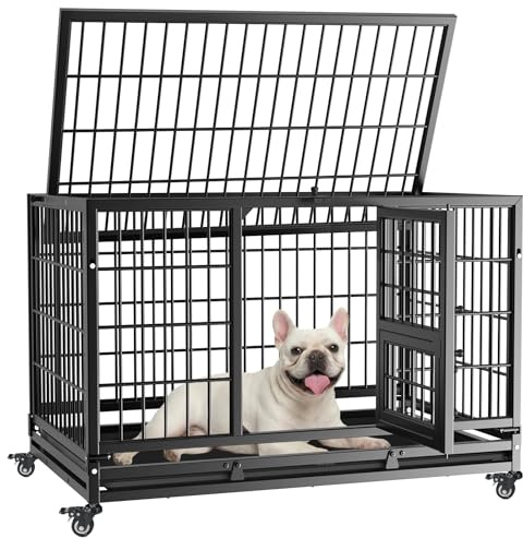 Gardner Pet Heavy Duty Dog Crate with Wheels 82.3x51.6x56cm,Folding Metal Dog Cage for Puppy,Small and Medium Dogs,Indestructible Dog Crate with Removable Tray,360° Rotatable Wheels,Stackable(Black)