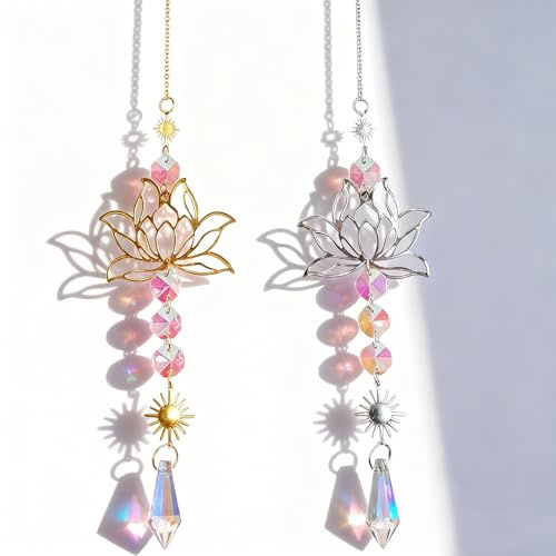 2 stycken solfångare, solfångarkristall, solfångare, ljusfångare, kristaller att hänga upp, kristall, lotus, ornament, lämplig för att dekorera fönster, trädgårdar, presenter (silver, guld)