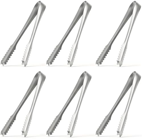 DOPENSPI 6 Pcs Mini Stainless Steel Ice Tongs, 15.5cm Silver Metal Ice Cube Tongs with Teeth for Secure Grip Small Kitchen Serving Utensils for Appetizers Salad Sugar Desserts