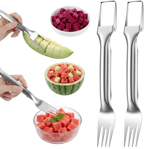 2-in-1 Watermelon Slicer Cutter Tool & Watermelon Scooper, Stainless Steel Fruit Cutter Tool Dual-Head Melon & Mango Slicer Fork for Home, Camping, Parties (2 PCS)