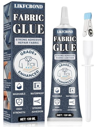 LIKFCBOND Colla per Tessuti Extra Forte, 120ML Colla Tessuti, Adesivo Tessile Trasparente e Flessibile, Colla per Lavabile in Lavatrice, Colla per Tessuti, Pelle, Denim