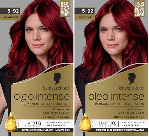 Schwarzkopf Oleo Intense Permanent Oil Colouration 5-92 Bright Red, Ammonia Free Hair Dye, 100% Grey Coverage, Intense, Long-lasting Colour, Supreme Care Complex with Natural Oils (Pack of 2)